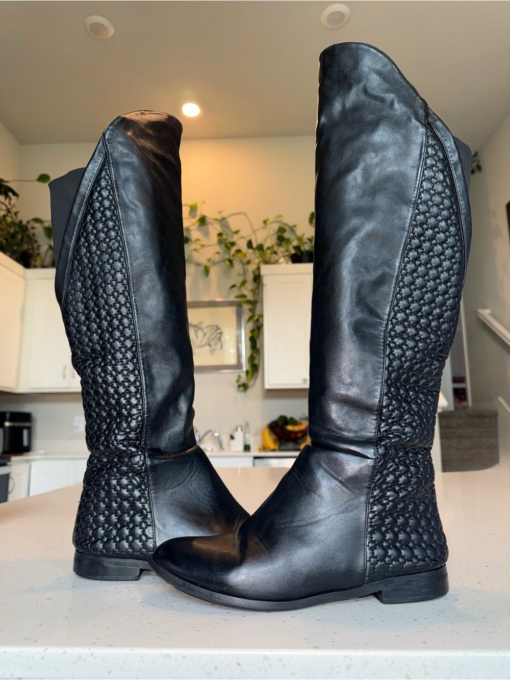 Chinese Laundry Black Over-the-Knee Leather Boots with Woven Panels